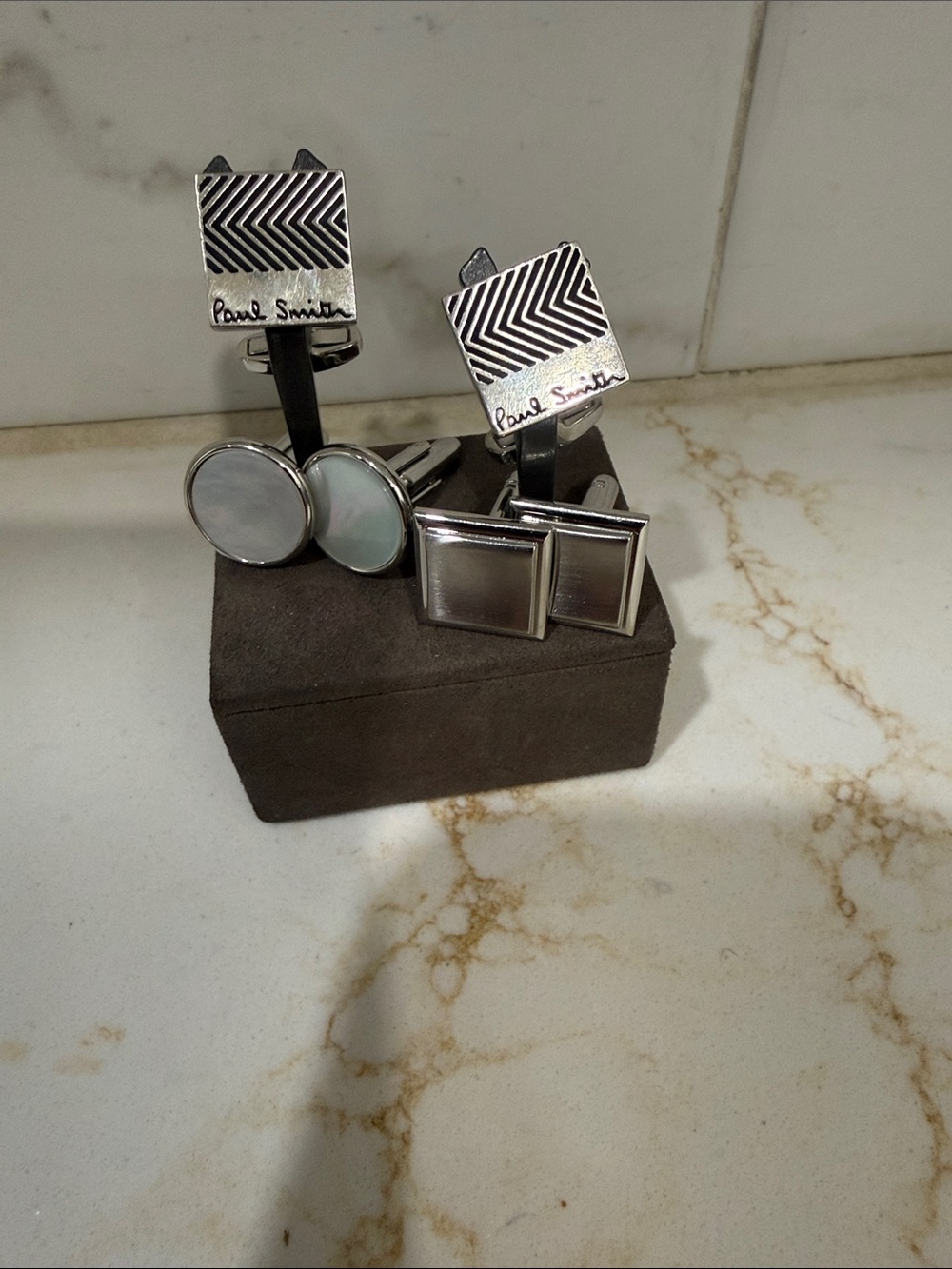 Paul Smith Silver Cufflinks with Mother-of-Pearl and Polished Square Set